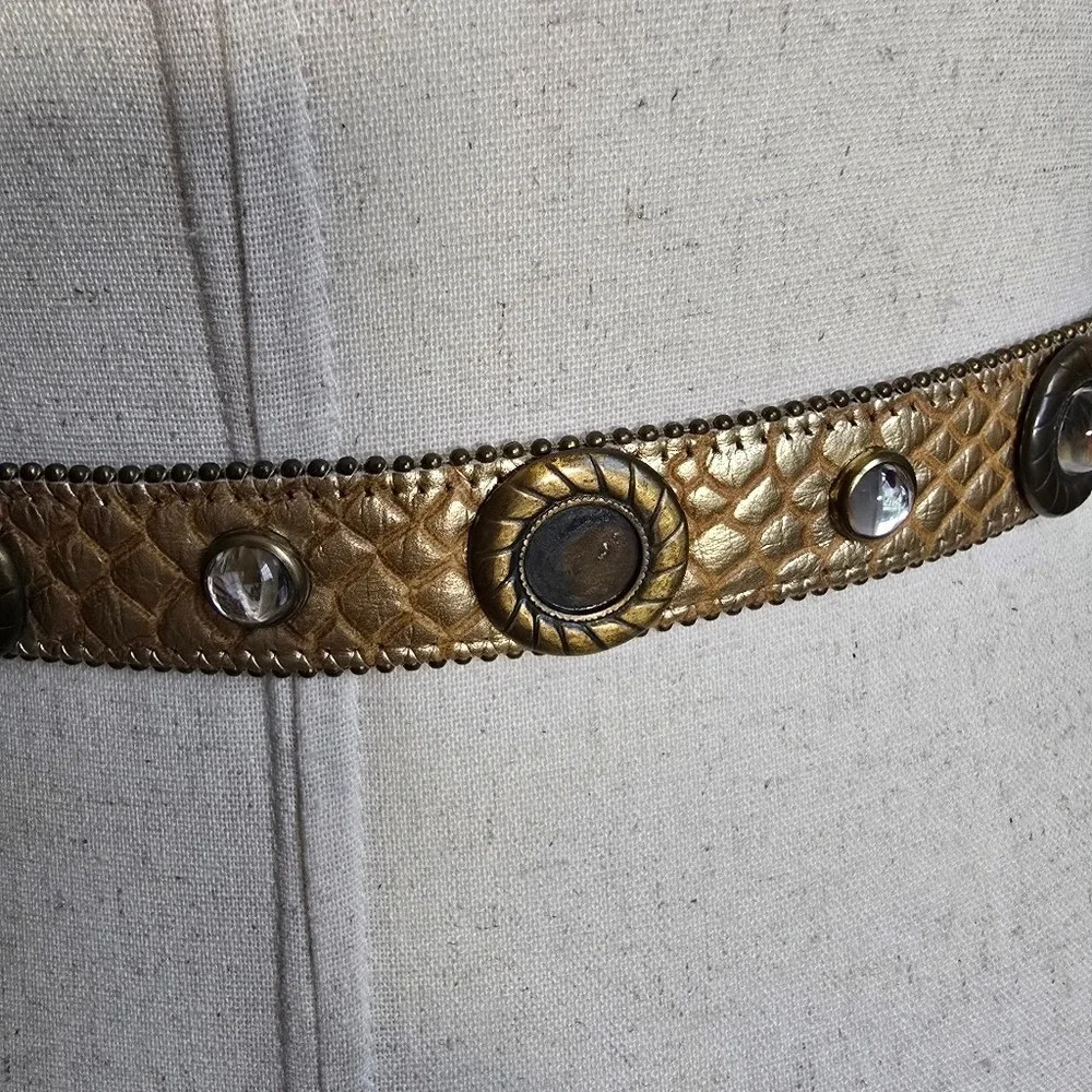 Vintage Gold Embossed Leather Crystal Studded Brass Buckle 80s Glam Belt M/L